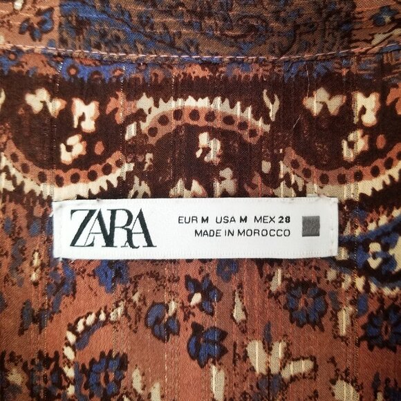 Zara Patchwork Shirt Blouse Top M Oversized Paisley Boho Brown Semi Sheer Collar - Picture 8 of 16